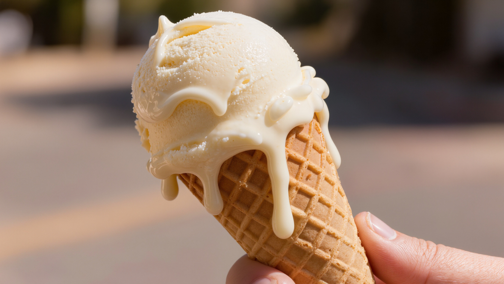 Eine Hand hält eine Eiswaffel mit einer schmelzenden Kugel Vanilleeis darin.