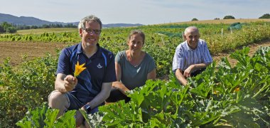 „Nachhaltigkeit muss kein Schlagwort bleiben“ (v.l.n.r.) Landrat Christian Engelhardt zusammen mit Danilia Geiß und Adam Geiß beim Besuch des landwirtschaftlichen Betriebs der Familie Geiß in Fürth.