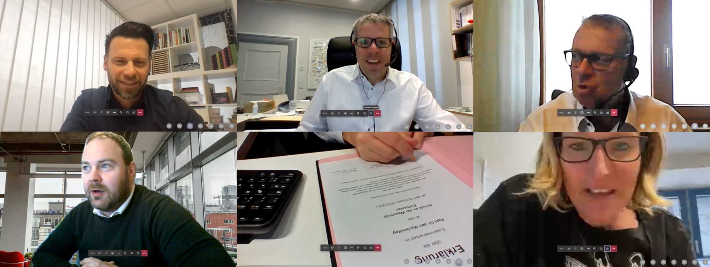 virtuelle Unterzeichnung der Dreiecksvereinbarung  Collage aus Bildern: (von links oben, nach rechts unten) Markus Dehoust (Vertreter der GaBiBe gGmbH), Landrat Christian Engelhardt, Markus Proksch (Staatliches Schulamt Bergstraße/Odenwald), Andreas Kaldschmidt (kaufmännischer Leiter Eigenbetrieb Schule und Gebäudewirtschaft des Kreises Bergstraße) und Sandra Aust (Schulleiterin) freuen sich über die Unterzeichnung der Vereinbarung.