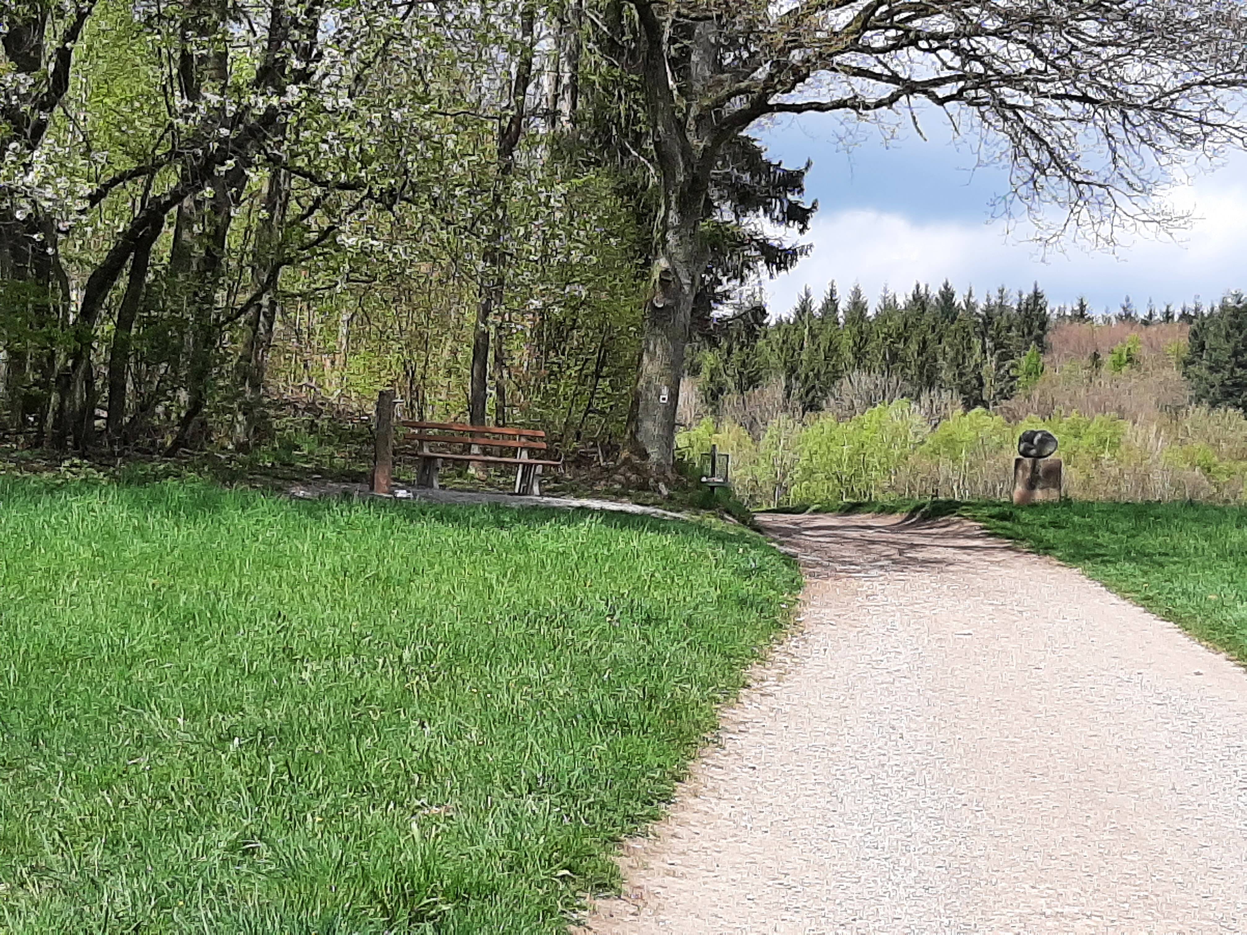 Das Bild zeigt den Kunst-Wanderweg Waldmichelbach. Rund um den Weg sind grüne Wiesen und Wälder, am rechten Wegesrand ist auch eine Stein-Skulptur zu sehen.