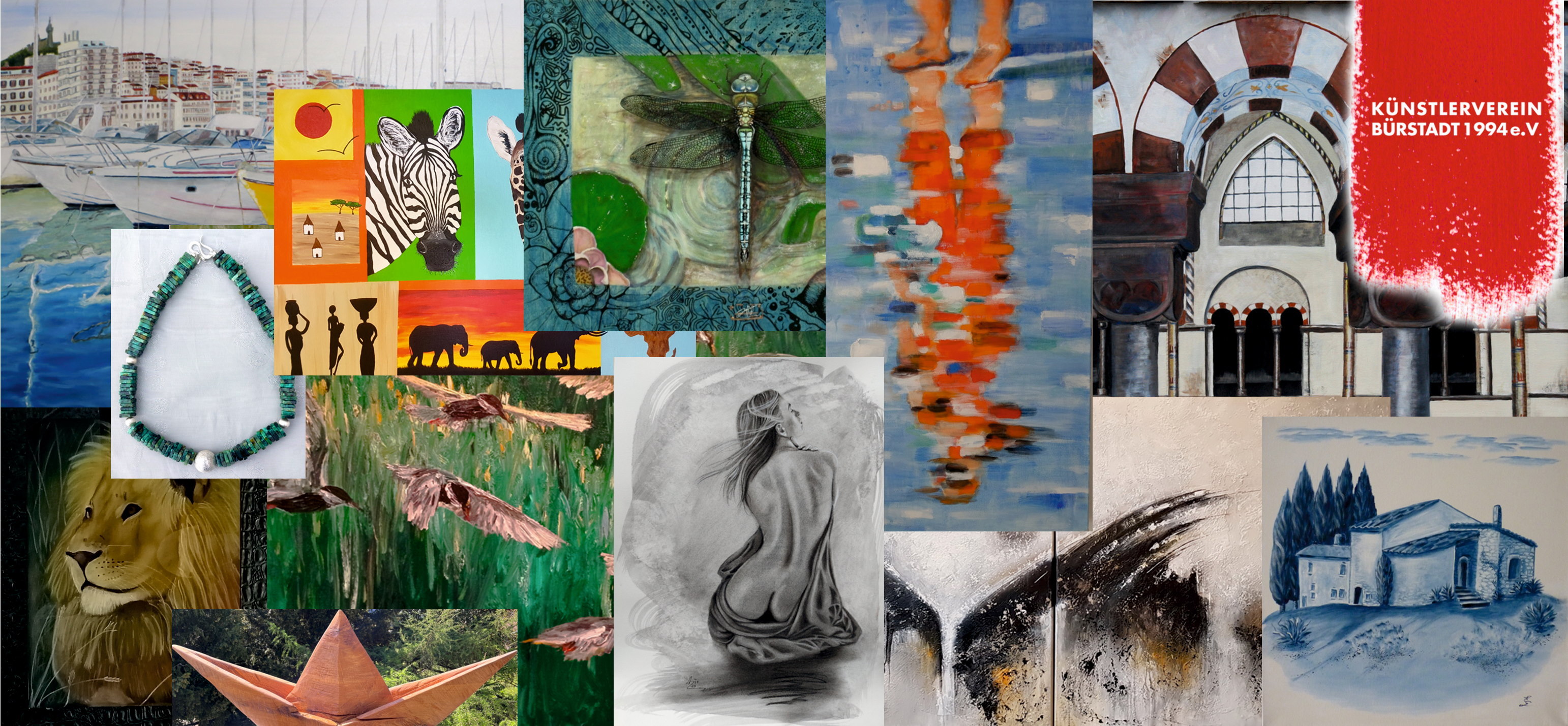 Eine Collage zeigt verschiedene Kunstwerke des Künstlervereins Bürstadt. Zu sehen sind, Malerei, Zeichnungen, aber auch Unikatschmuck.