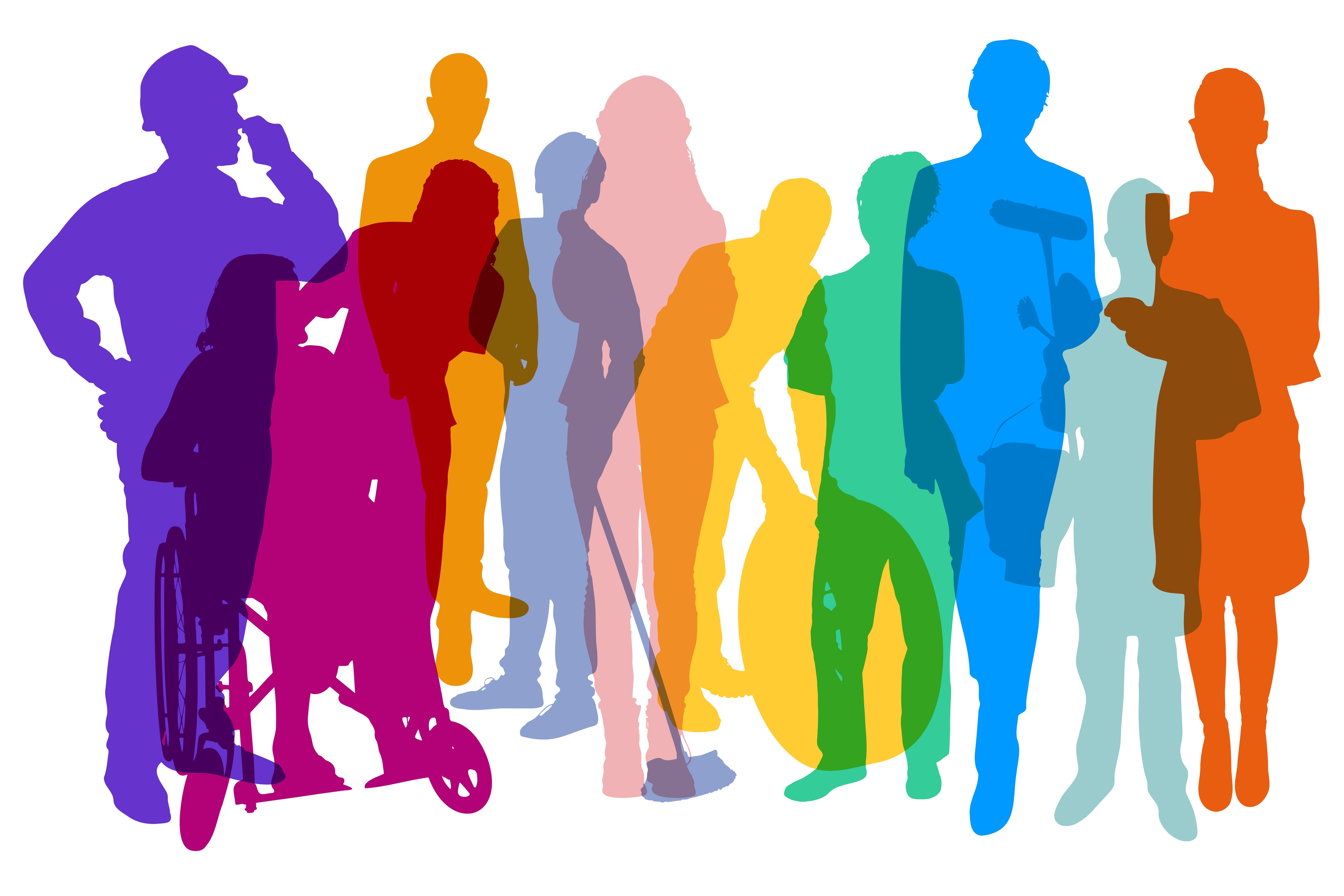 Bunte Silhouetten von Mitarbeitern aus vielen verschiedenen Berufen als Arbeitsmarkt Konzept