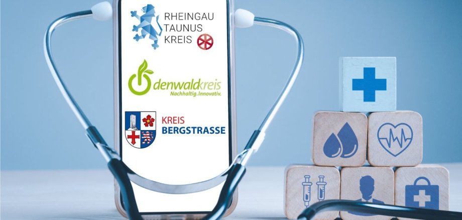 Die Symbolgrafik, zeigt ein Smartphone mit den Logos des Kreises Bergstraße, des Odenwaldkreises und des Rheingau-Taunus-Kreises. Am Smartphone ist ein Stethoskop befestigt, um die Digitalisierung des Gesundheitswesens symbolisch darzustellen.