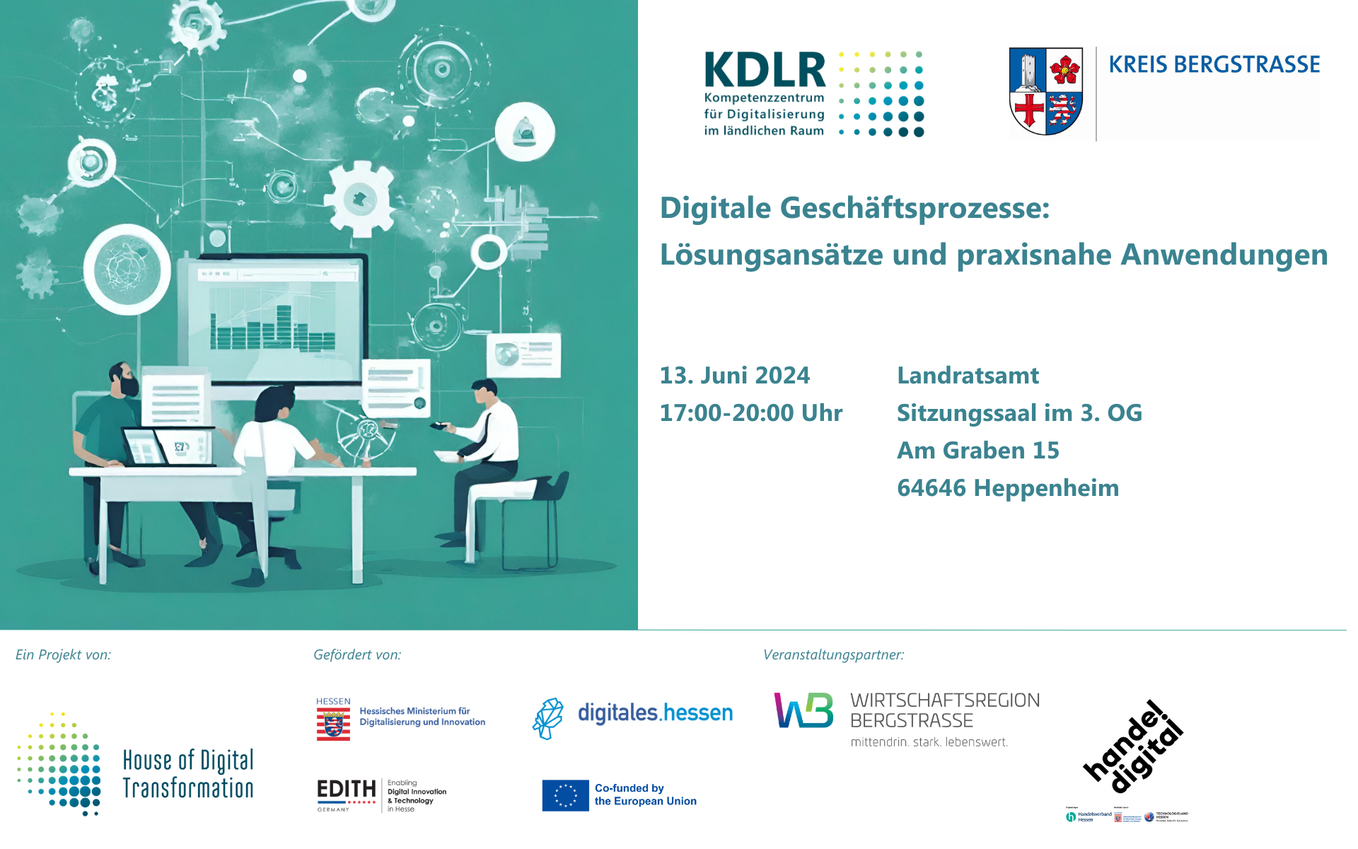Die kostenlose Veranstaltung zu Digitalen Geschäftsprozessen findet am 13. Juni 2024 von 17 bis 20 Uhr im Sitzungssaal des dritten Obergeschosses im Neuen Landratsamt Heppenheim (Graben 15) statt.