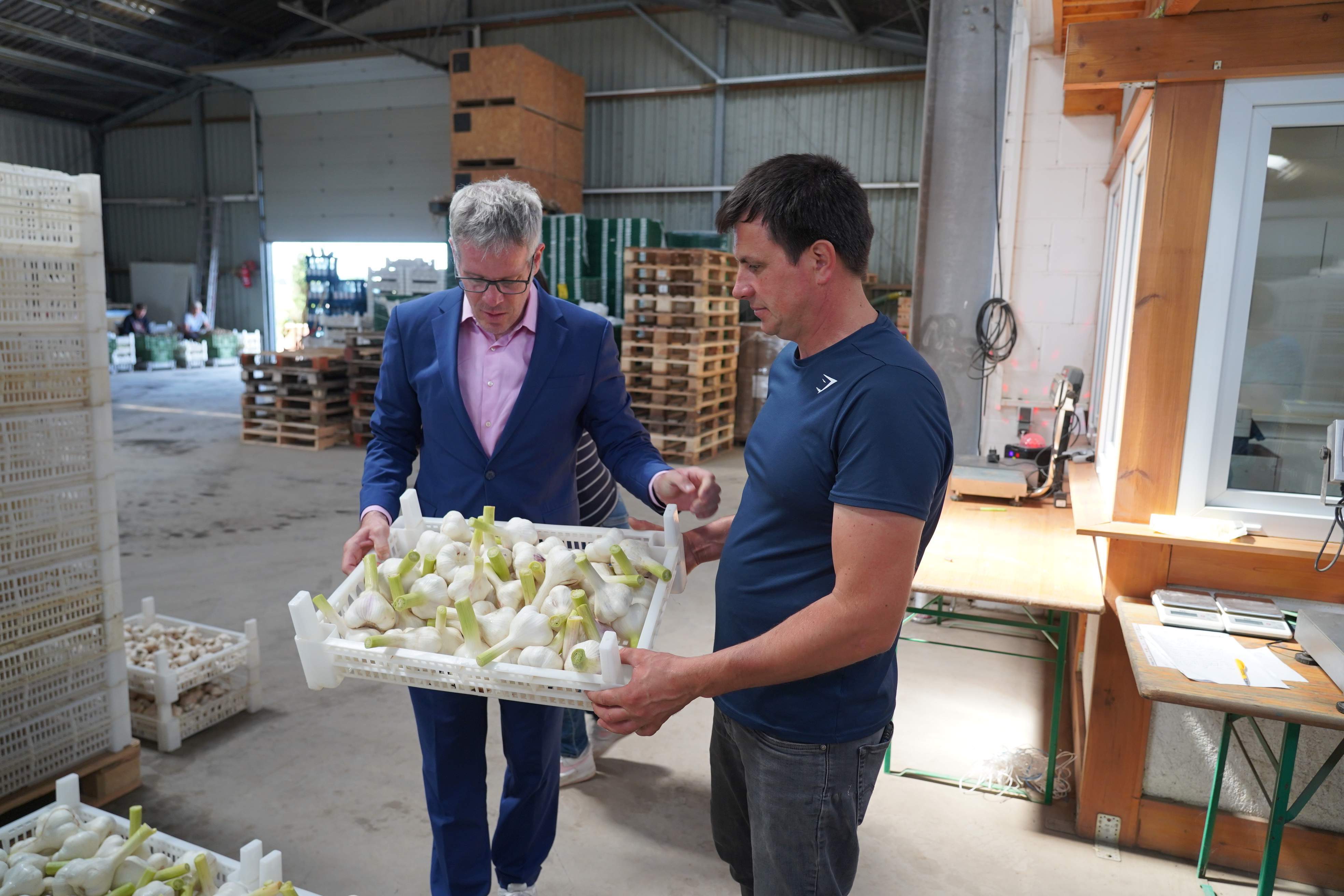 Landrat Christian Engelhardt mit Inhaber Ciprian Pantiro beim Besuch der Pantiru Knoblauchkulturen & Saatguthandel GbR in Lampertheim.