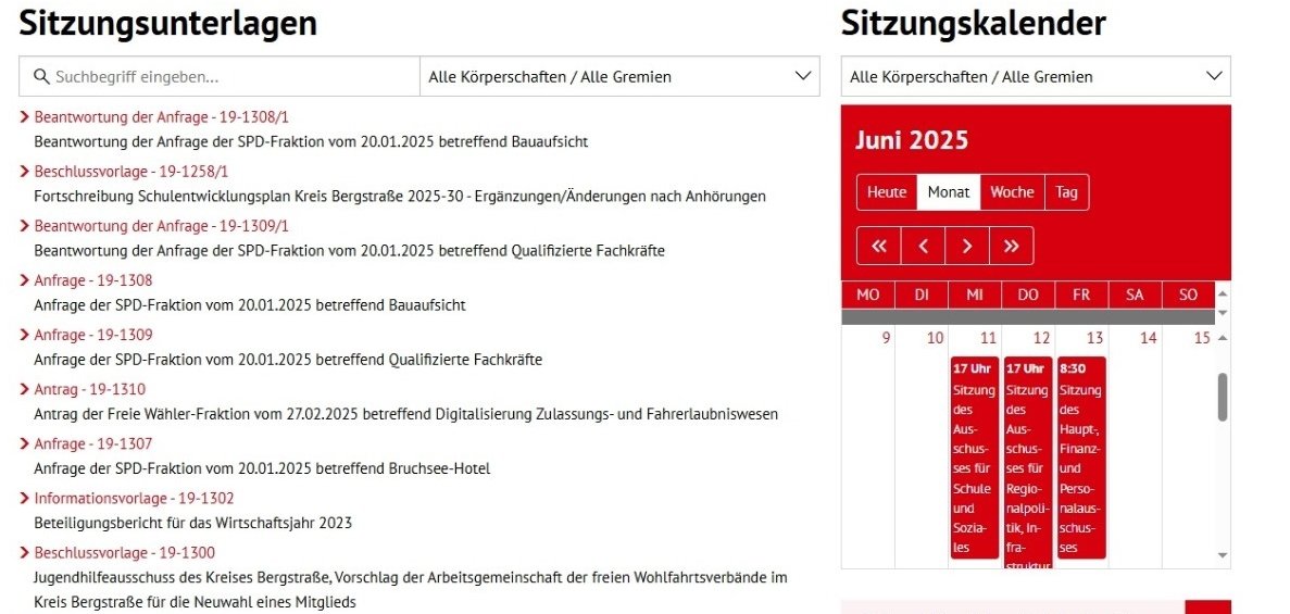 Ein Screenshot des Bürgerinfoportals, der eine Übersicht von Gremienunterlagen und -terminen zeigt.