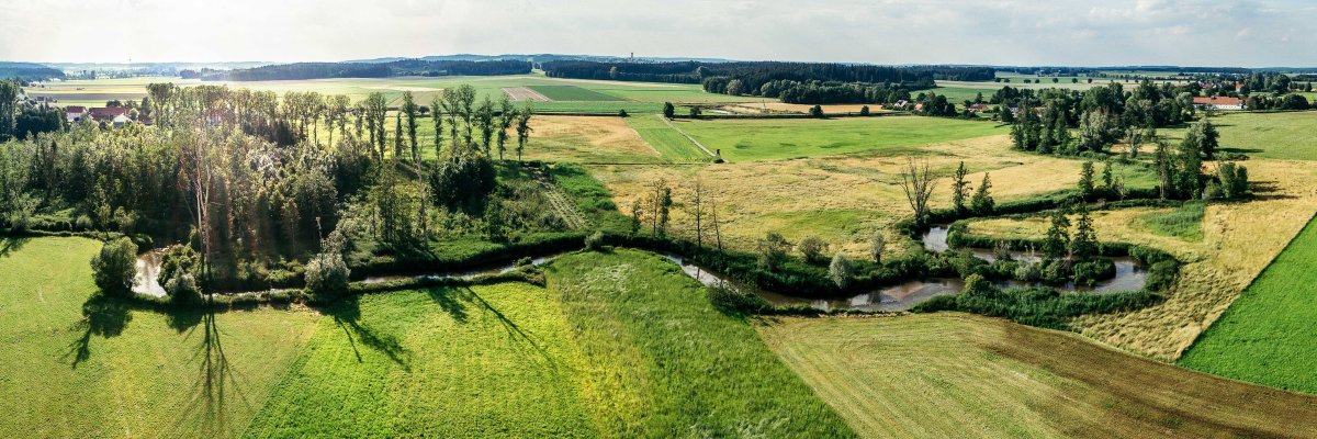 Panoramabild einer grünen Landschaft, durch die ein Fluss fließt