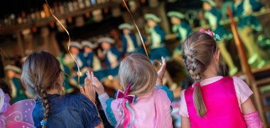 Blick von hinten auf eine Gruppe verkleideter Kinder, die auf eine Bühne blicken. Auf der Bühne tanzt eine Garde in blau-weißen Uniformen