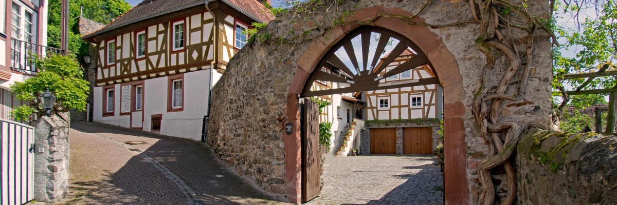 Die Altstadt von Zwingenberg mit altem Mauertorbogen und Fachwerkhäusern unter blauem Himmel.