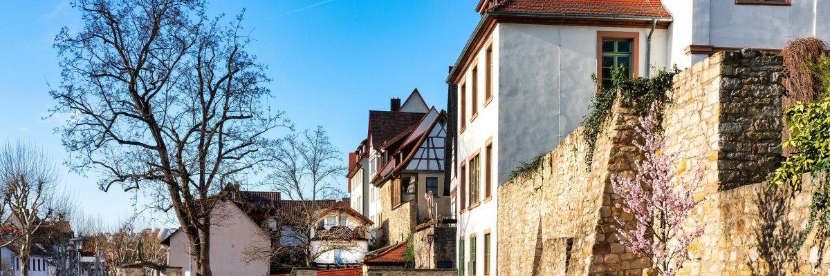 Der Park vor dem Landratsamt in Heppenheim an einem klaren Frühlingstag.