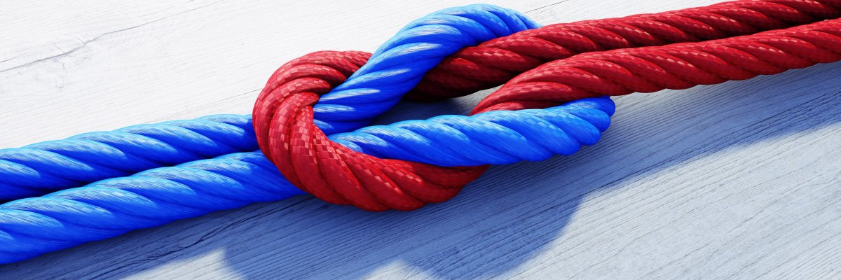 Kreuzknoten mit rotem und blauem Seil auf weißem Holz