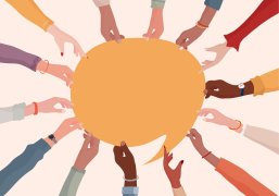 Sprechblase Illustration bunte Hände halten eine Sprechblase