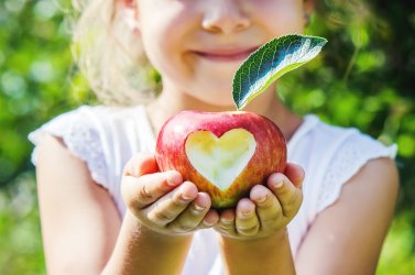 Mädchen hält einen Apfel Mädchen hält einen Apfel. Ein Herz ist in den Apfel geschnitzt.