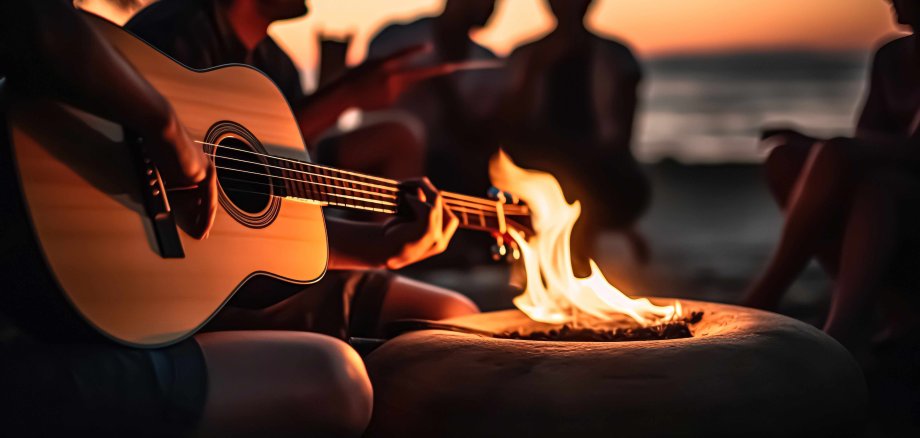 Junge Menschen sitzen bei Nacht am Lagerfeuer und spielen Gitarre.