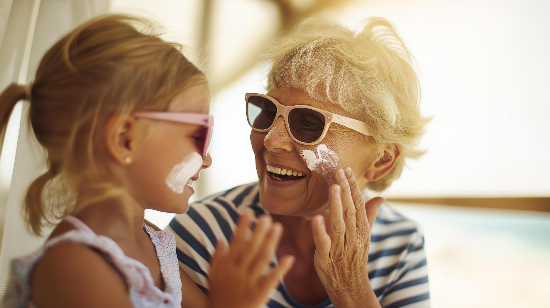 Grandmother applying sunscreen to her granddaughter at the beach. Summer vacation, skin protection, sun care, and loving family moment under bright sunlight by the ocean.
