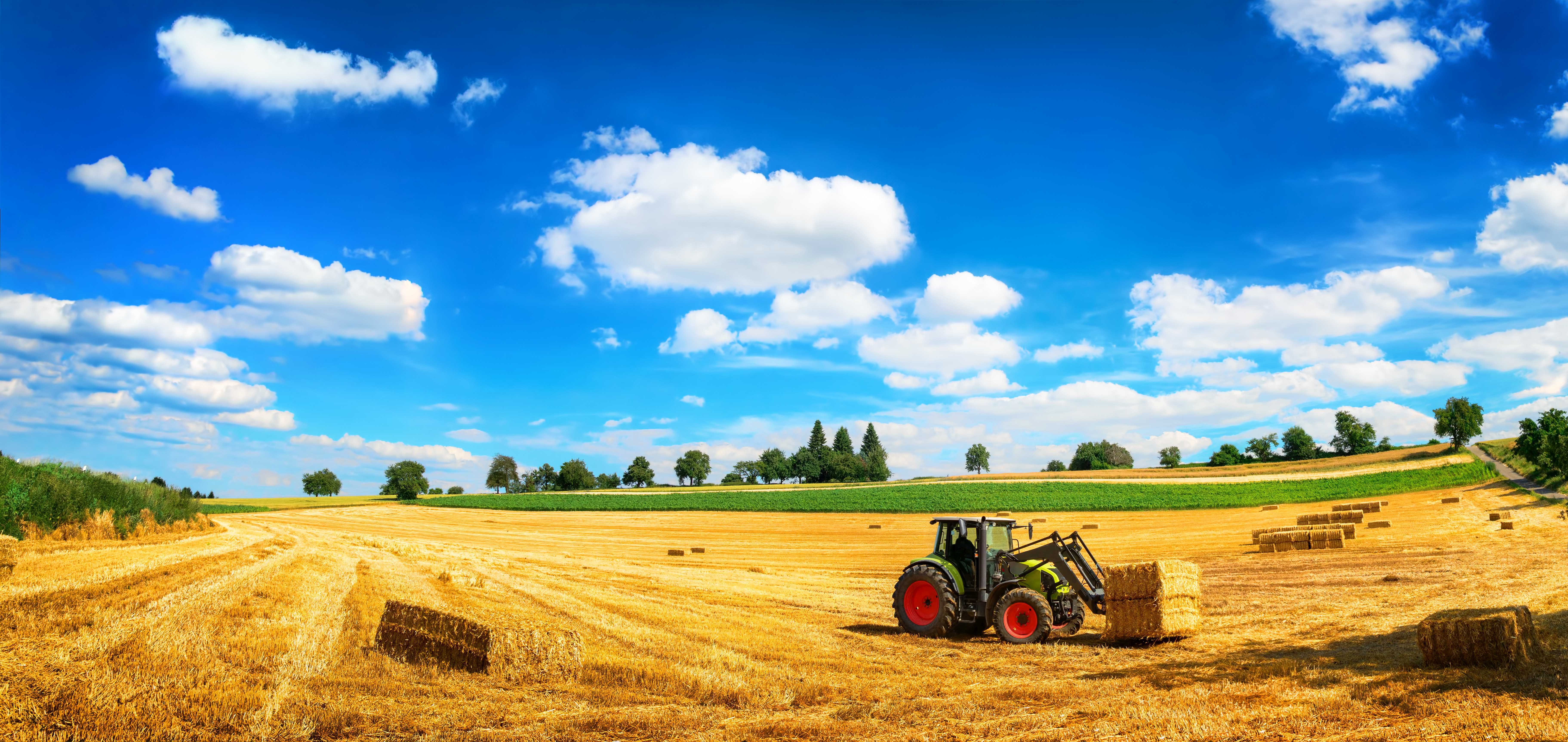 Traktor auf Feld beim Laden von Stroh