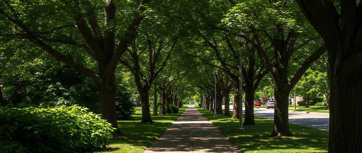 Das Bild zeigt eine Allee in einem Wohngebiet und den Schatten, den die Bäume auf den Weg werfen.