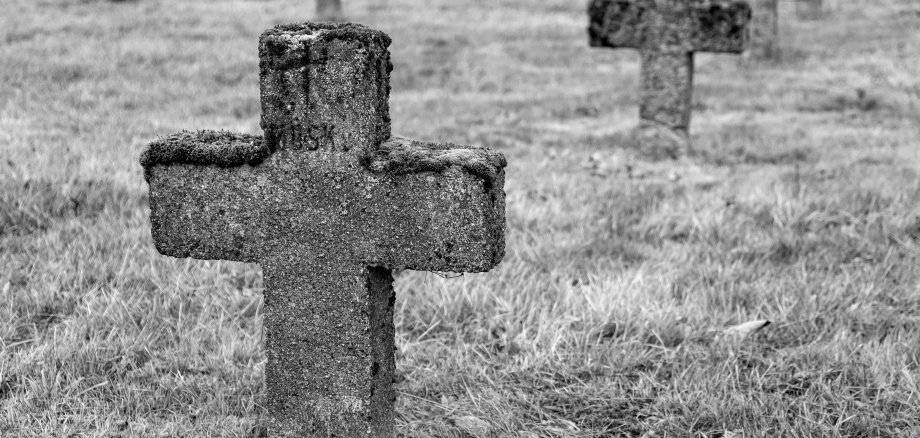 Steinerne Kreuze, die schon leicht verwittert sind, stehen auf einem deutschen Soldatenfriedhof in Weißrussland.