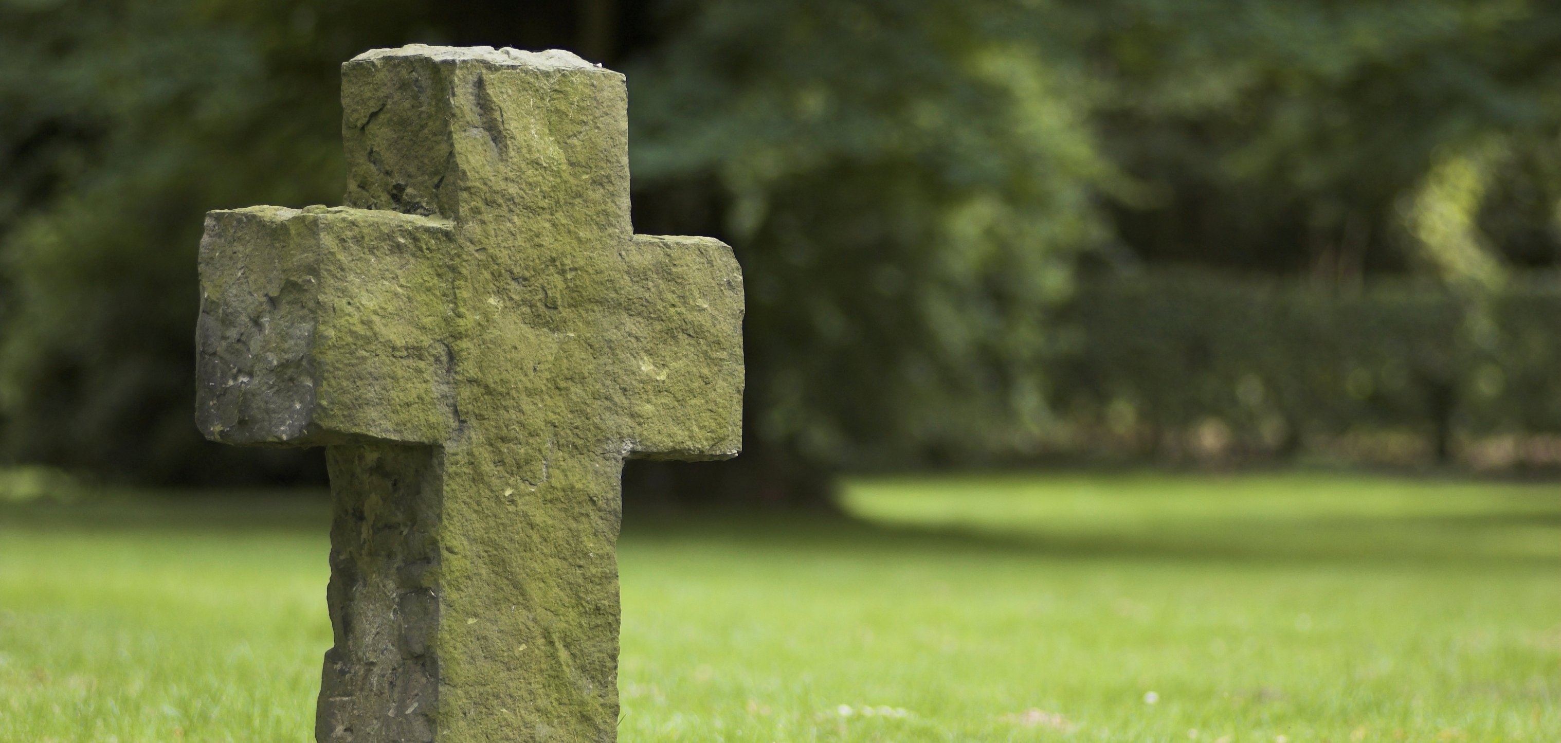 Ein Steinkreuz steht auf einer Wiese.