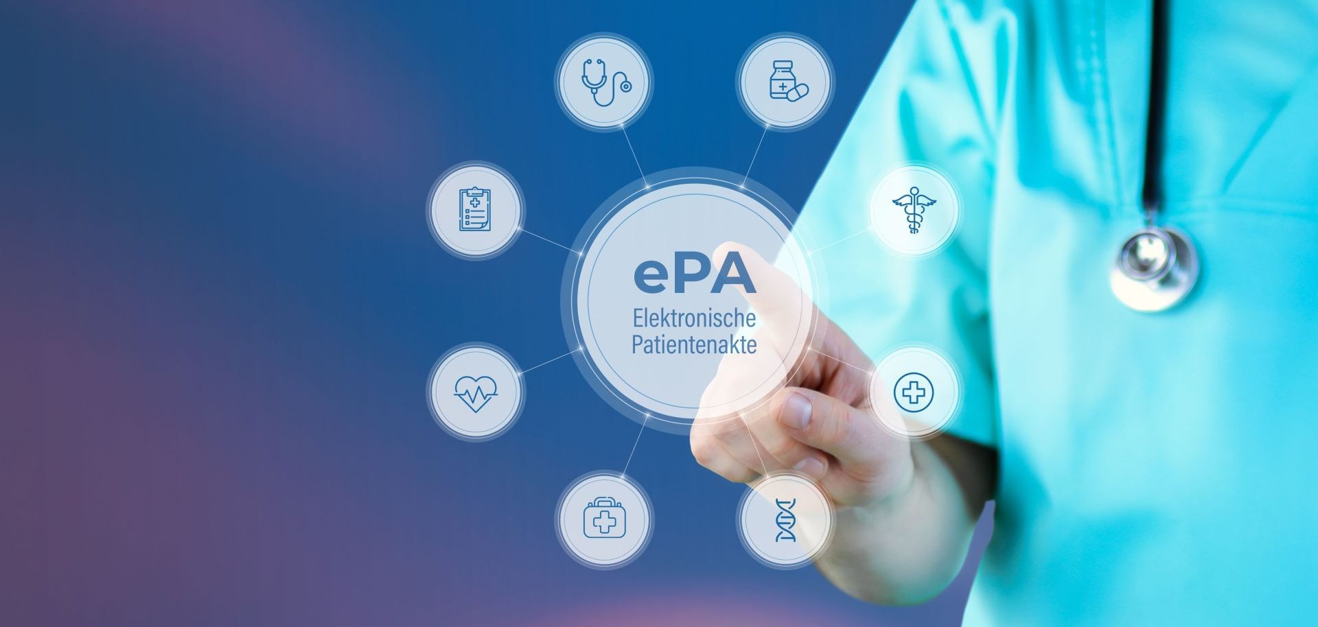 Arzt zeigt auf digitales medizinisches Interface. Text umgeben von Icons, angeordnet im Kreis. In der Mitte steht Elektronische Patientenakte.