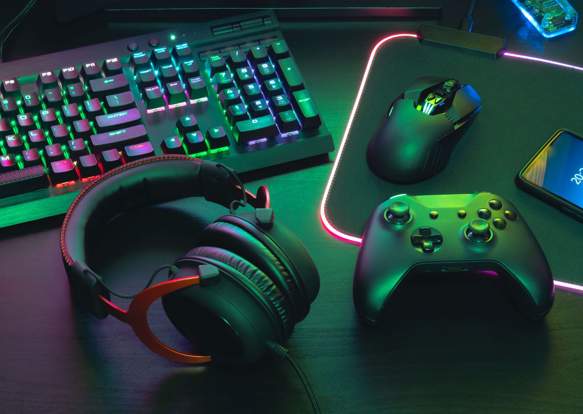 gamer work space concept, top view a gaming gear, mouse, keyboar gamer work space concept, top view a gaming gear, mouse, keyboar