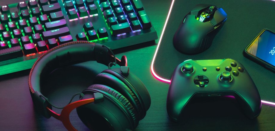 gamer work space concept, top view a gaming gear, mouse, keyboar