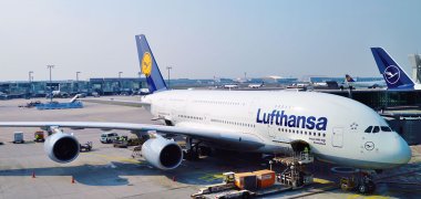 FRANKFURT, GERMANY -14 APR 2019- View of an Airbus A380 airplane from Lufthansa (LH) at the Frankfurt Airport (FRA), the busiest airport in Germany and a major hub for the German airline.