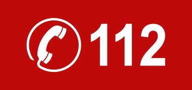 ein weißer Telefonhörer sowie eine weiße 112 auf rotem Grund
