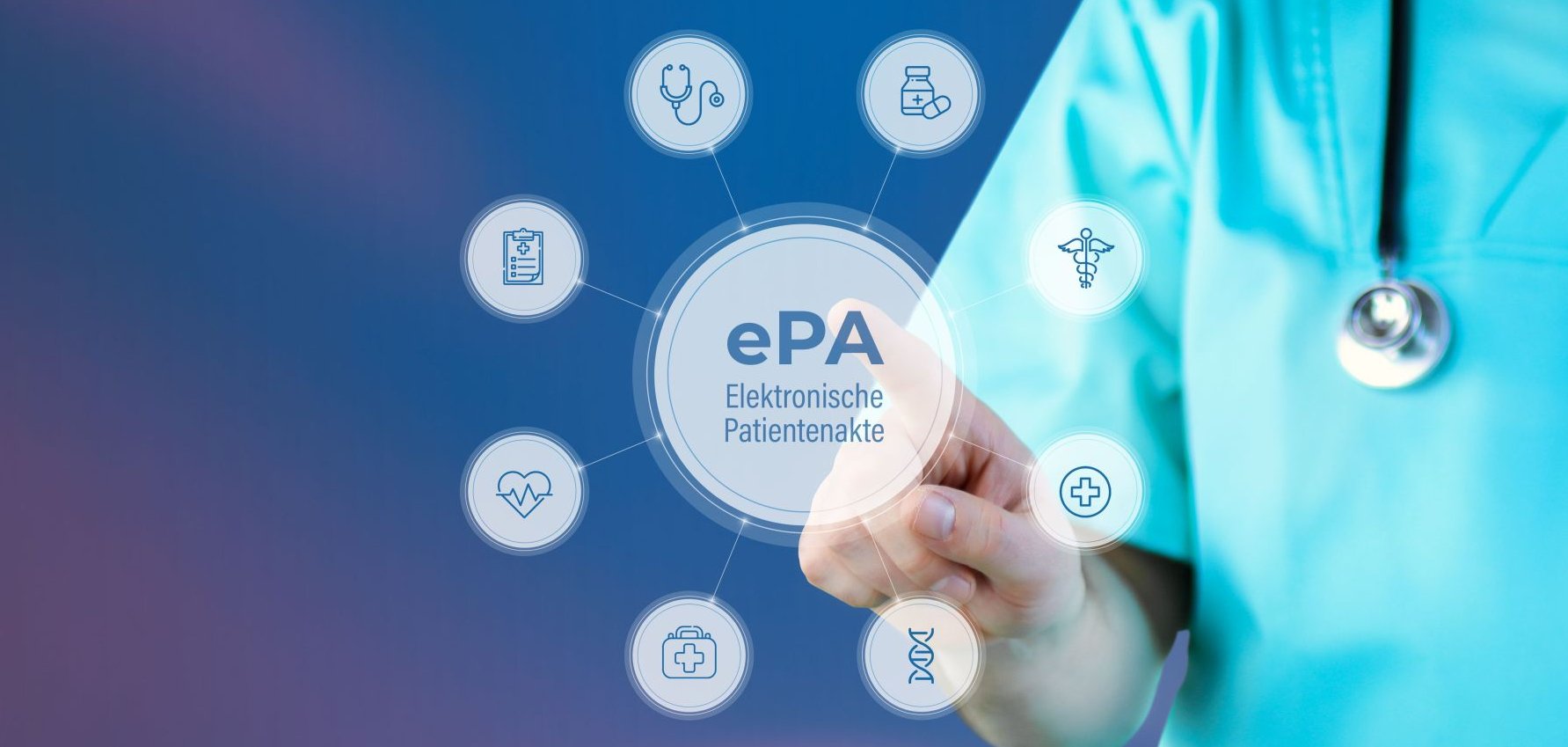 Elektronische Patientenakte (ePA). Arzt zeigt auf digitales medizinisches Interface. Text umgeben von Icons, angeordnet im Kreis.