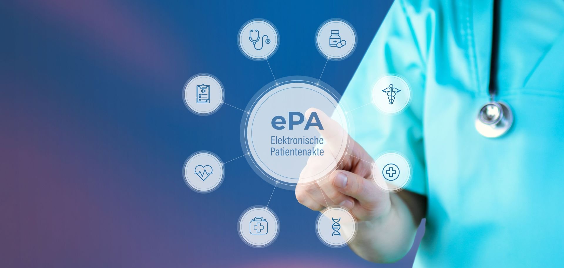 Elektronische Patientenakte (ePA). Arzt zeigt auf digitales medizinisches Interface. Text umgeben von Icons, angeordnet im Kreis.
