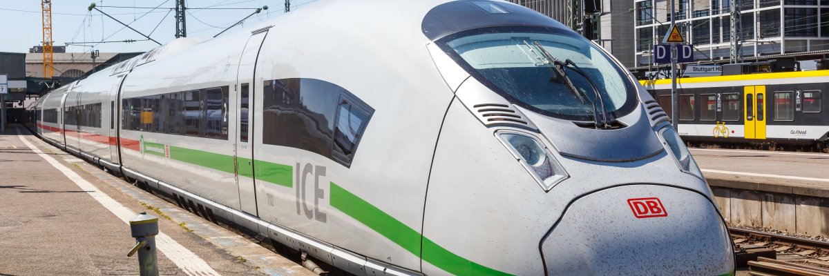 ICE 3 Velaro D train ecological electricity at Stuttgart main station railway in Germany