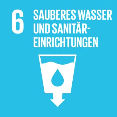 Eine quadratische Grafik mit cyanfarbenem Hintergrund. In der unteren Bildhälfte ist ein weißes Piktogramm von einem Glas Wasser zu sehen von dem ein weißer Pfeil nach unten weg zeigt. Über dem Glaspiktogramm steht in großer weißer Schrift auf drei Zeilen verteilt "6 Sauberes Wasser und Sanitäreinrichtungen".