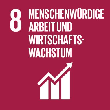 Eine quadratische Grafik mit weinrotem Hintergrund. Im unteren Bilddrittel ist ein weißes Piktogramm eines nach oben verlaufenden Aktienkurses mit darüber parallel verlaufendem weißen Pfeil zu sehen. Über dem Piktogramm steht über vier Zeilen verteilt in großer weißer Schrift "8 Menschenwürdige Arbeit und Wirtschaftswachstum".