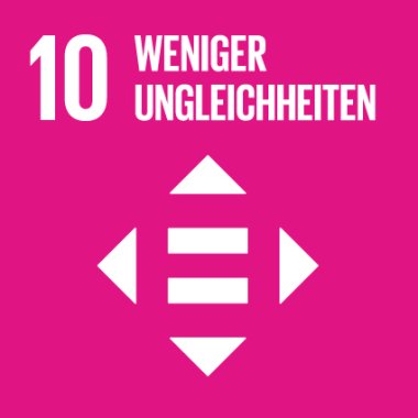 Eine quadratische Grafik mit pinkem Hintergrund. In der unteren Bildhälfte ist mittig ein weißes Gleichheitszeichen zu sehen. Von dem Gleichzeichen aus zeigt je ein weißes Dreieck nach links und rechts sowie nach oben und unten. Über dem Piktogramm steht in großer weißer Schrift "10 Weniger Ungleichheiten".