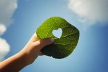 Naturliebe Eine Hand hält ein grünes Blatt mit einem Loch in Form eines Herzens gegen den blauen Himmel.