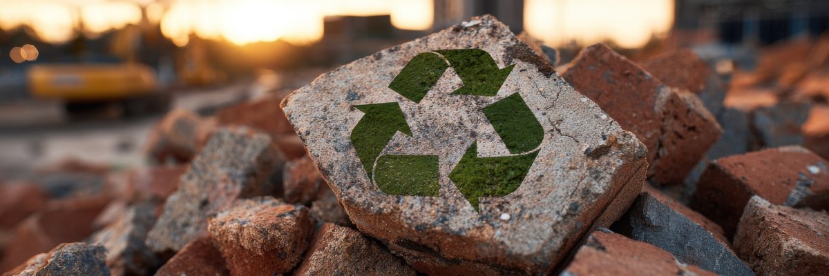 Recycling Symbol On Broken Brick Amidst Construction Debris Outdoor Scene Recycling Symbol On Broken Brick Amidst Construction Debris Outdoor Scene