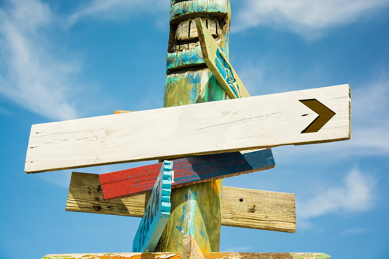 Wegweiser Ein Wegweiser mit verschiedenen Holzpfeilen, die in unterschiedliche Richtungen zeigen.